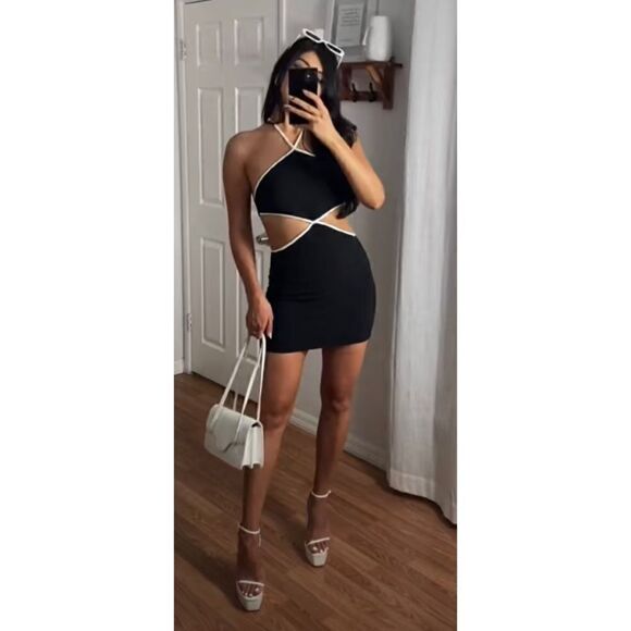 NWT Zara Black & White Contrast Piping Halter Cut Out Mini Dress, Size XS - Picture 9 of 15